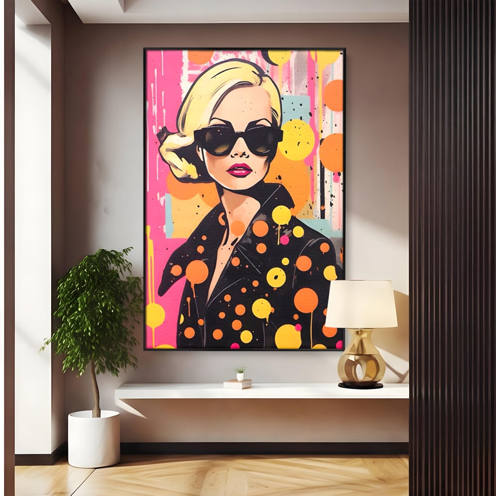 Tablou canvas cu tablou canvas portret femeie ochelari, in rama de aluminiu negru